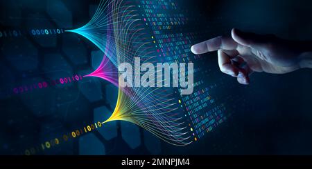 Big data technology and data science. Data scientist querying, analysing and visualizing complex data set on virtual screen. Data flow concept. Neural Stock Photo
