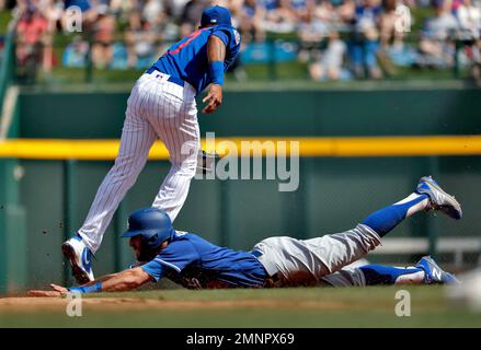 Chicago Cubs Addison Russell makes a catch on a pop up off the bat of St.  Louis Cardinals Magneuris Sierra while Javier Baez waits as a backup in the  sixth inning at