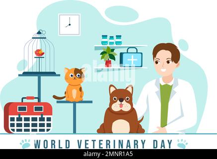 World Veterinary Day on April 29 Illustration with Doctor and Cute Animals Dogs or Cats in Flat Cartoon Hand Drawn for Landing Page Templates Stock Vector