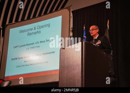 SAN FRANCISCO (Oct. 5, 2022) – Rear Adm. Guido Valdes, commander of Navy Medicine West, Chief of Navy Medical Service Corps, from San Juan, Puerto Rico, gives opening remarks at the peer-to-peer medical exchange as part of San Francisco Fleet Week (SFFW) 2022, Oct. 5, 2022. SFFW is an opportunity for the American public to meet their Navy, Marine Corps and Coast Guard teams and experience America’s sea services. During fleet week, service members participate in various community service events, showcase capabilities and equipment to the community, and enjoy the hospitality of the city and its Stock Photo