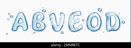 Water type font, liquid letters set. Pure aqua splashes in shape of text characters. Clear blue water or gel drops in shape of english letters isolated on transparent background, vector realistic set Stock Vector
