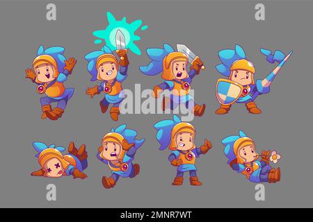 Cute knight character emotions isolated on background. Vector contemporary illustration of medieval soldier in armor with sword and shield happy, scared, relaxed, jumping, running, showing thumbs-up Stock Vector