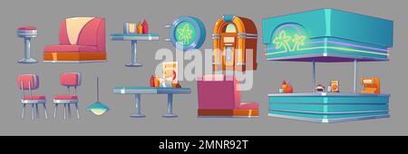 Set of furniture for American retro 50s diner interior design. Vector contemporary illustration of vintage red couches, chairs, tables, jukebox and coffee machine. Old style fast food cafe elements Stock Vector