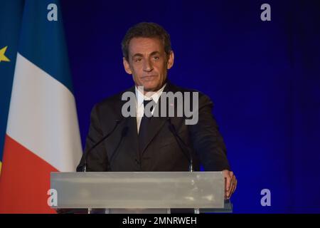 BORDEAUX, FRANCE - NOVEMBER 22, 2014 : Political meeting of the former President of the Republic, Nicolas Sarkozy in Bordeaux with Alain Juppe Mayor Stock Photo