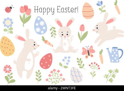 Easter spring collection. Cute rabbits, eggs, flowers, insects, plants and watering can. Vector illustration. isolate hand drawn flat cartoon elements Stock Vector