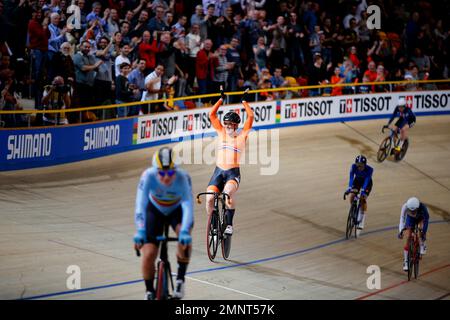 Gold medalist Kirsten Wild celebrates with the national flag after wining  the women's Omnium at the World Championships Track Cycling in Apeldoorn,  eastern Netherlands, Netherlands, Friday, March 2, 2018. (AP Photo/Peter  Dejong