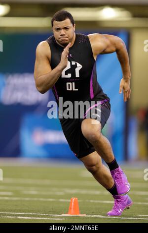 TCU offensive lineman Joe Noteboom runs a drill at the NFL football  scouting combine in Indianapolis, Friday, March 2, 2018. (AP Photo/Michael  Conroy Stock Photo - Alamy