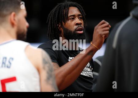 Los Angeles Clippers center DeAndre Jordan (6) hugs Blake Griffin (32) in  the second half of their NBA basketball game against the Los Angeles Lakers  in Los Angeles on December 21, 2011.