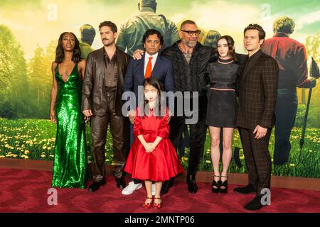 Nikki Amuka-Bird, Ben Aldridge, M. Night Shyamaian, Kristen Cui, Dave Bautista, Abby Quinn, Jonathan Groff attend world premiere of Knock at the Cabin at Jazz at Lincoln Center in New York on January 30, 2023 Stock Photo