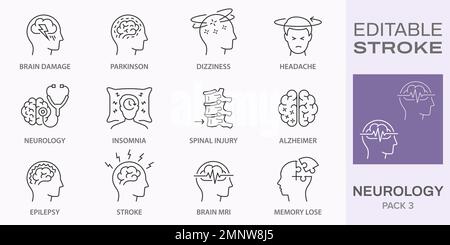 Neurology icons, such as Alzheimer, Parkinson, insomnia, epilepsy and more. Editable stroke. Stock Vector