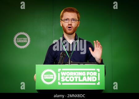 File photo dated 12/03/22 of Ross Greer speaking at the Scottish Green Party conference at the Stirling Court Hotel in the grounds of the University of Stirling. Mr Greer has said Brexit had been an 'unmitigated disaster' which was 'based on snake oil promises by Tory fantasists who wanted to live out their isolationist and imperialist fantasies'. Holyrood's governing parties have said Scottish independence is the only way to escape the 'unmitigated disaster' of Brexit as the UK marks the third anniversary of leaving the bloc. Issue date: Tuesday January 31, 2023. Stock Photo