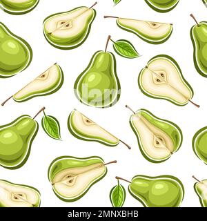 Vector Pear Seamless Pattern, square repeating background with cut out illustrations of ripe chopped pears with green leaves for wrapping paper, group Stock Vector