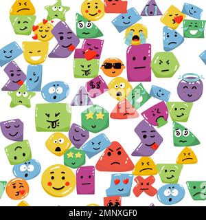 Cute seamless pattern with emoji and abstract geometric shapes in memphis style. Trendy vector background in white, blue, yellow and red colors. Stock Vector