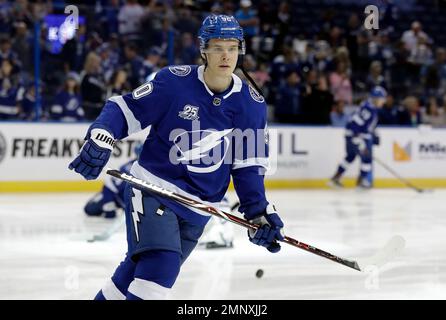 Tampa Bay Lightning center Vladislav Namestnikov (90) before an NHL hockey  game against the New Jersey Devils Saturday, Feb. 17, 2018, in Tampa, Fla.  (AP Photo/Chris O'Meara Stock Photo - Alamy