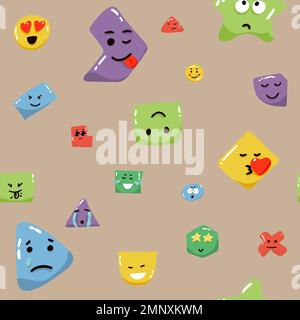 Seamless colorful Abstract background with emoji and abstract geometric shapes in memphis style. Trendy vector background in white, blue, yellow and r Stock Vector