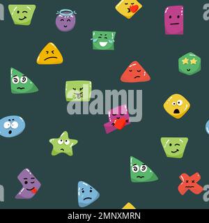 Cute seamless pattern with emoji and abstract geometric shapes in memphis style. Trendy vector background in white, blue, yellow and red colors Stock Vector