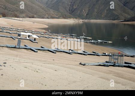 Lucky Peak Lake (Reservoir) on the Boise River drainage, SW Idaho, at critically low water level (50% capacity) in early April 2022. Stock Photo