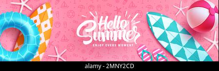 Summer banner background. Hello summer text with surfboard and floater beach element in pattern design. Vector illustration summer greeting design. Stock Vector