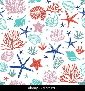 Beautiful seamless vector tropical pattern with corals, seaweed and sea stars. Stock Vector