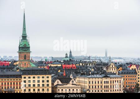 Gamla Stan skyline in Stockholm, Sweden's capital city in winter with Saint Gertrud bell tower Stock Photo