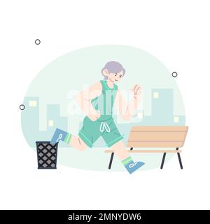 Young people jogging in city park in summer. Group of runners running along path, training outdoors. Active and healthy lifestyle of joggers. Colored Stock Vector