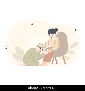 ramadan illustration. a man who apologizes. boy apologizing to his mother apologize in the month of Ramadan. Stock Vector