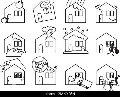 Fire insurance coverage. Various types of housing illustration sets. House icon set representing various disasters. Stock Vector
