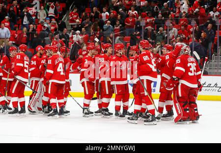 Detroit Red Wings players celebrate a goal by Robert Hagg (38) during ...