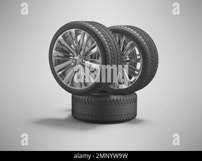3D illustration set wheels for car on gray background with shadow Stock Photo