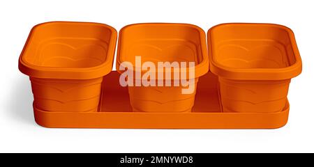 Empty Square Plastic Flower Pot Orange Color isolated on white background with clipping path Stock Photo