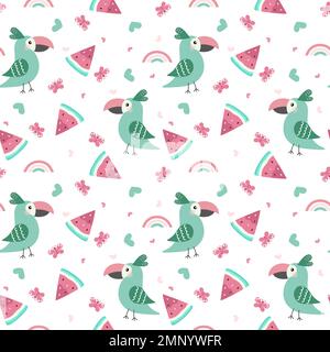 Parrot with butterflies, hearts and rainbow. Seamless funny pattern. Childish design for fabric, wrapping, textile, wallpaper, apparel. Stock Vector