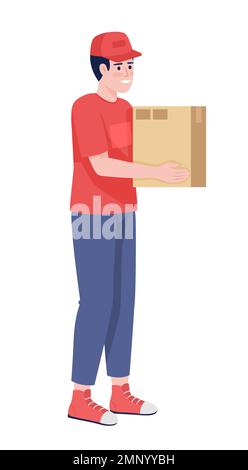 Smiling male courier holding cardboard box semi flat color vector character Stock Vector
