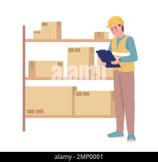 Warehouse manager standing near shelves with boxes semi flat color vector character Stock Vector