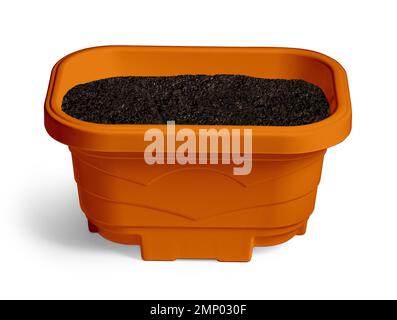 Square Plastic Flower Pot With  ground soi isolated on white background Stock Photo