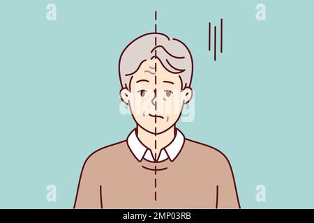 Lonely man smiling and sad at same time experiencing psychological problems. Guy with dividing line on face before and after going to psychologist or taking antidepressants. Flat vector design  Stock Vector