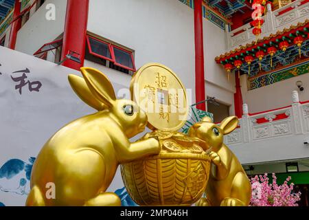 Kuala Lumpur, Malaysia - January 2023: Statues of adorable bunnies of Chinese New Year 2023, which is the year of the rabbit. Thean Hou Temple. This Stock Photo