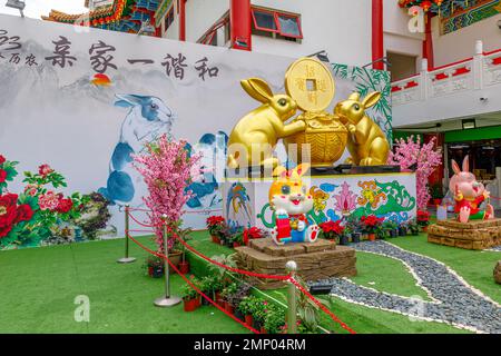 Kuala Lumpur, Malaysia - January 2023: Statues of adorable bunnies of Chinese New Year 2023, which is the year of the rabbit. Thean Hou Temple. This Stock Photo