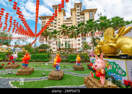 Kuala Lumpur, Malaysia - January 2023: Cute rabbit statues celebrating the Chinese New Year 2023 of rabbit zodiac sign in Thean Hou Temple. Buddhist Stock Photo