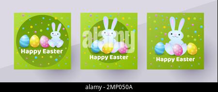 Happy Easter social media post with colorful eggs and bunny. Template for banner, greeting card, poster. Vector illustration Stock Vector