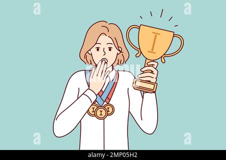 Puzzled woman with cup and medals of winner of sports olympiad covers mouth with hand. Discouraged girl surprised by annulment of competition results due to doping scandal. Flat vector illustration  Stock Vector