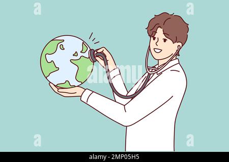 Man doctor applies stethoscope to globe demonstrating care for ecology and nature. Eco-activist guy in white coat wants to help reduce harmful emissions on planet. Flat vector illustration  Stock Vector