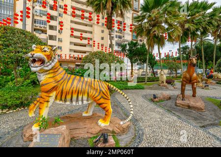 Kuala Lumpur, Malaysia - 2023: tiger zodiac sculpture to commemorate the Chinese New Year, the year of water rabbit in Chinese zodiac. In Thean Hou Stock Photo