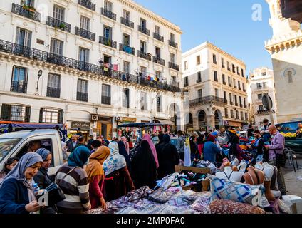 Market in front of old french colonial buildings, North Africa, Algiers, Algeria Stock Photo
