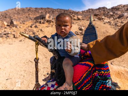 Tuareg toddler sit on a camel saddle, North Africa, Tamanrasset, Algeria Stock Photo