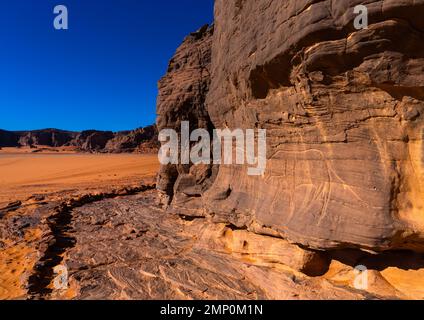 Rock carvings depicting cows, Tassili N'Ajjer National Park, Tadrart Rouge, Algeria Stock Photo