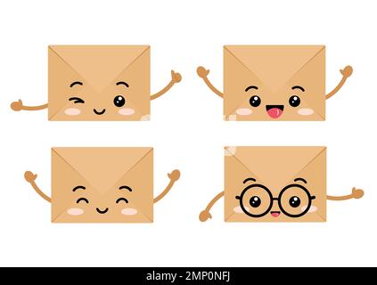Craft envelopes cute kawaii character with arms set. Stock Vector