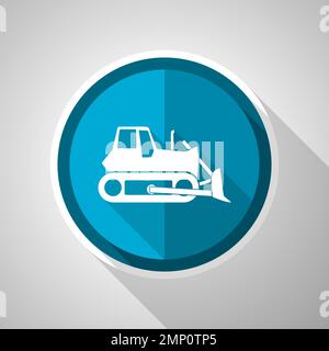 Bulldozer, heavy machine, tractor symbol, flat design vector blue icon with long shadow Stock Vector