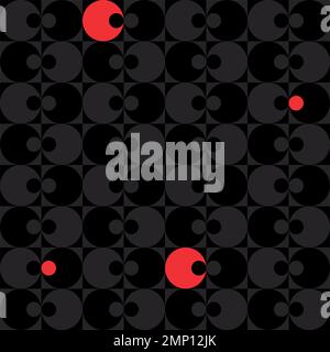 Abstract geometric seamless pattern with squares and circles in black and grey with red details - retro style Stock Vector