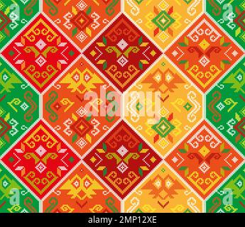 Filipino folk art - Yakan cloth inspired vector seamless pattern, retro textile or fabric print design from Philippines in red, orange and green Stock Vector