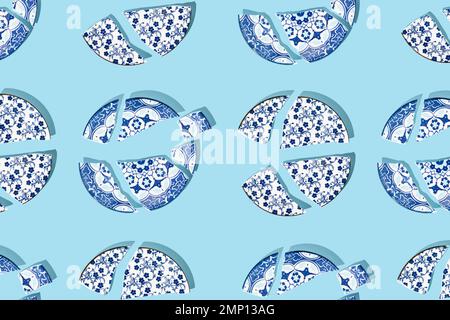 Pattern with broken china porcelain plates on blue background. Minimal concept. Stock Photo